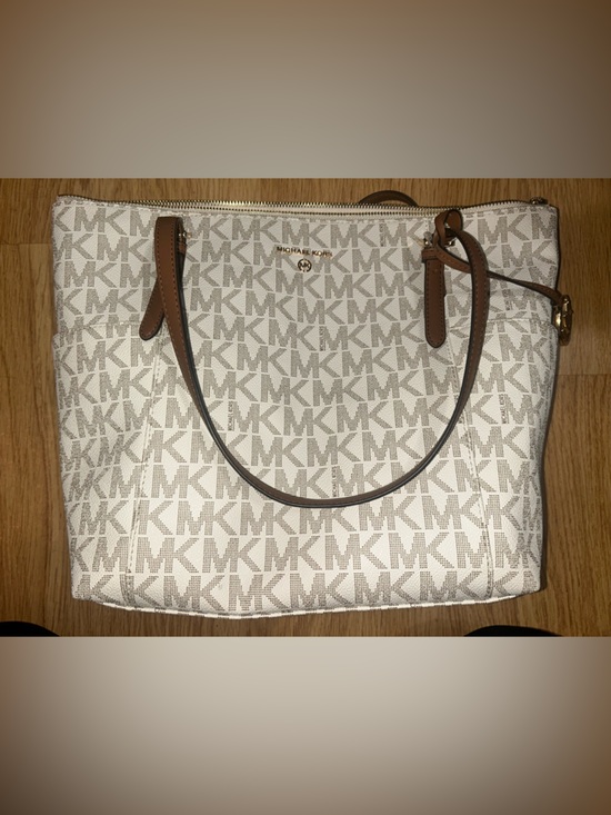 Michael Kors Handbags - Michael Kors Cream Monogram Tote with Brown Leather Trim
